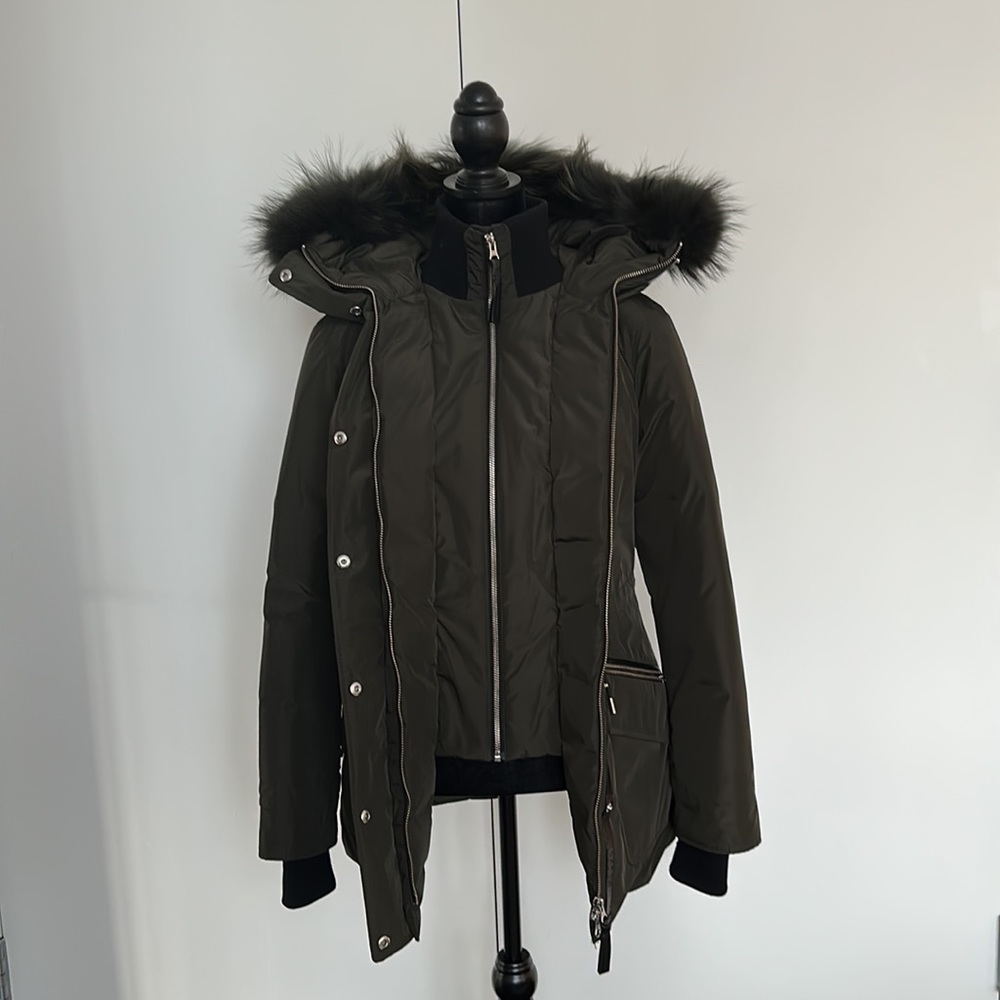 Mackage Leather Trimmed Hooded Down Jacket Coat with Genuine Raccoon Fur